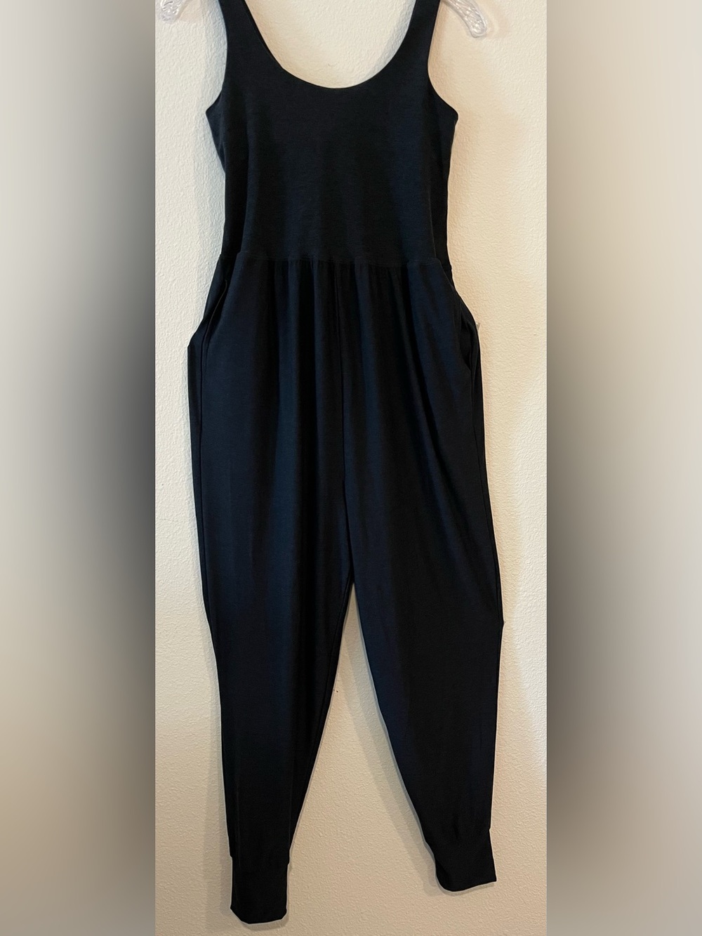 Beyond the Bump Yoga Black Sleeveless maternity Jumpsuit with Side Pockets